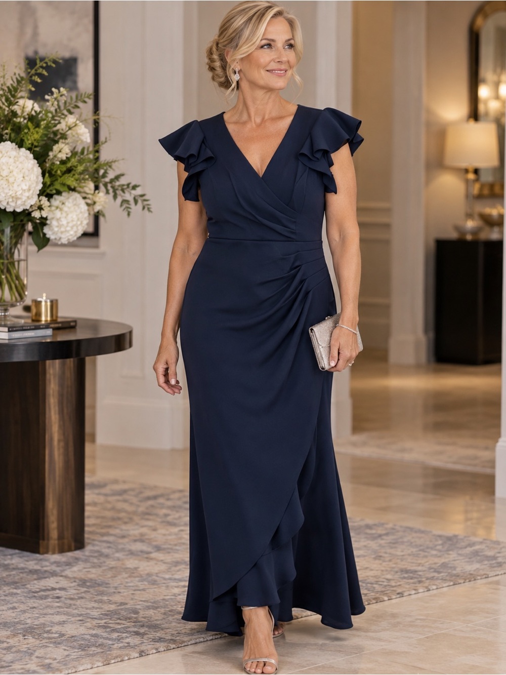 Xscape Gown Womens 14 Navy Blue Ruffle Sleeve Ruched Scuba Formal Maxi Dress